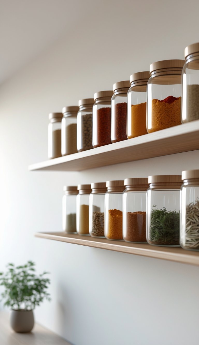 A kitchen wall with neatly arranged transparent spice jars on a wooden shelf, displaying various colorful spices and a small potted herb plant nearby.