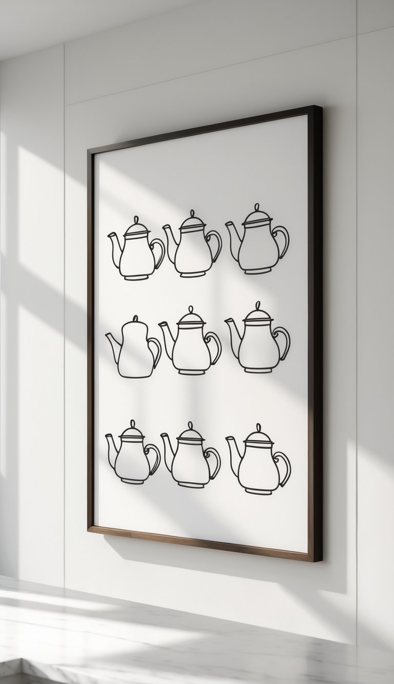 A framed artwork on a white wall showing simple black line drawings of teapots arranged neatly.