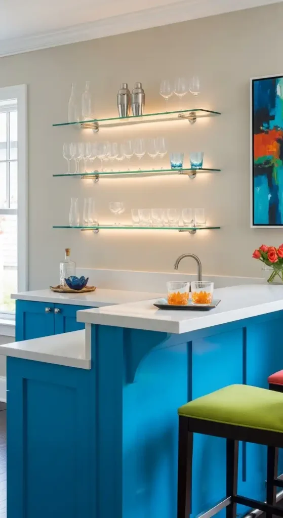 Add a bright blue home bar with glass shelves