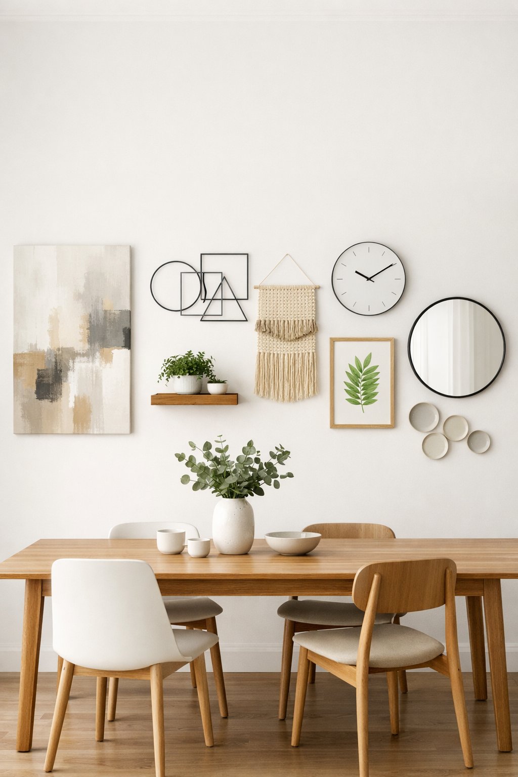 A modern dining room with a wooden table and chairs, featuring eight different wall decor items arranged on the wall behind the table.