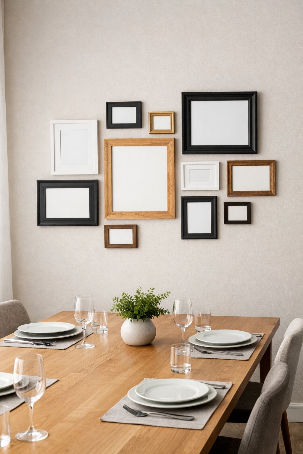 Dining room with a wooden table and a gallery wall of mismatched picture frames above it.