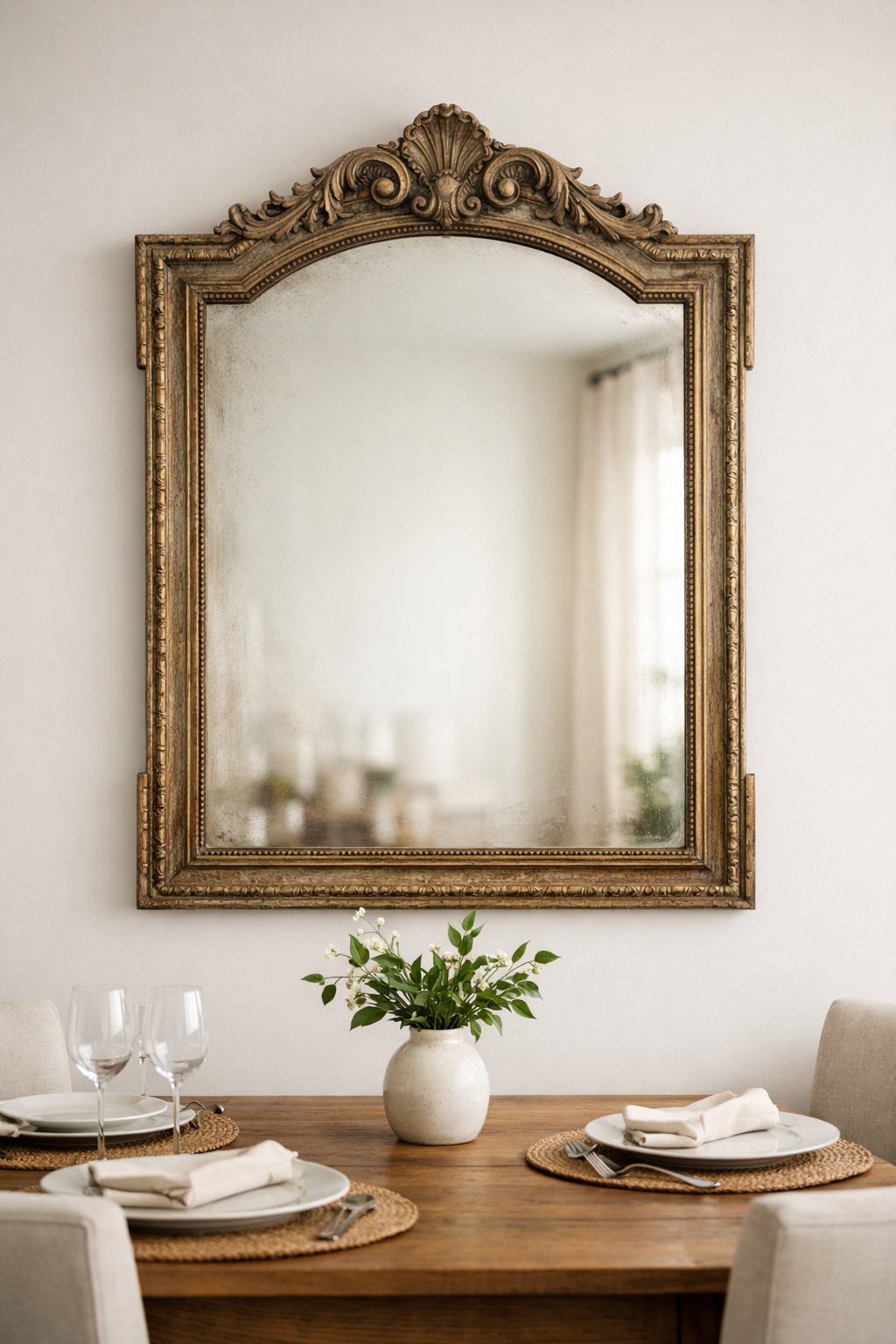 A dining room wall with a large vintage mirror above a wooden dining table decorated with a small vase and place settings.