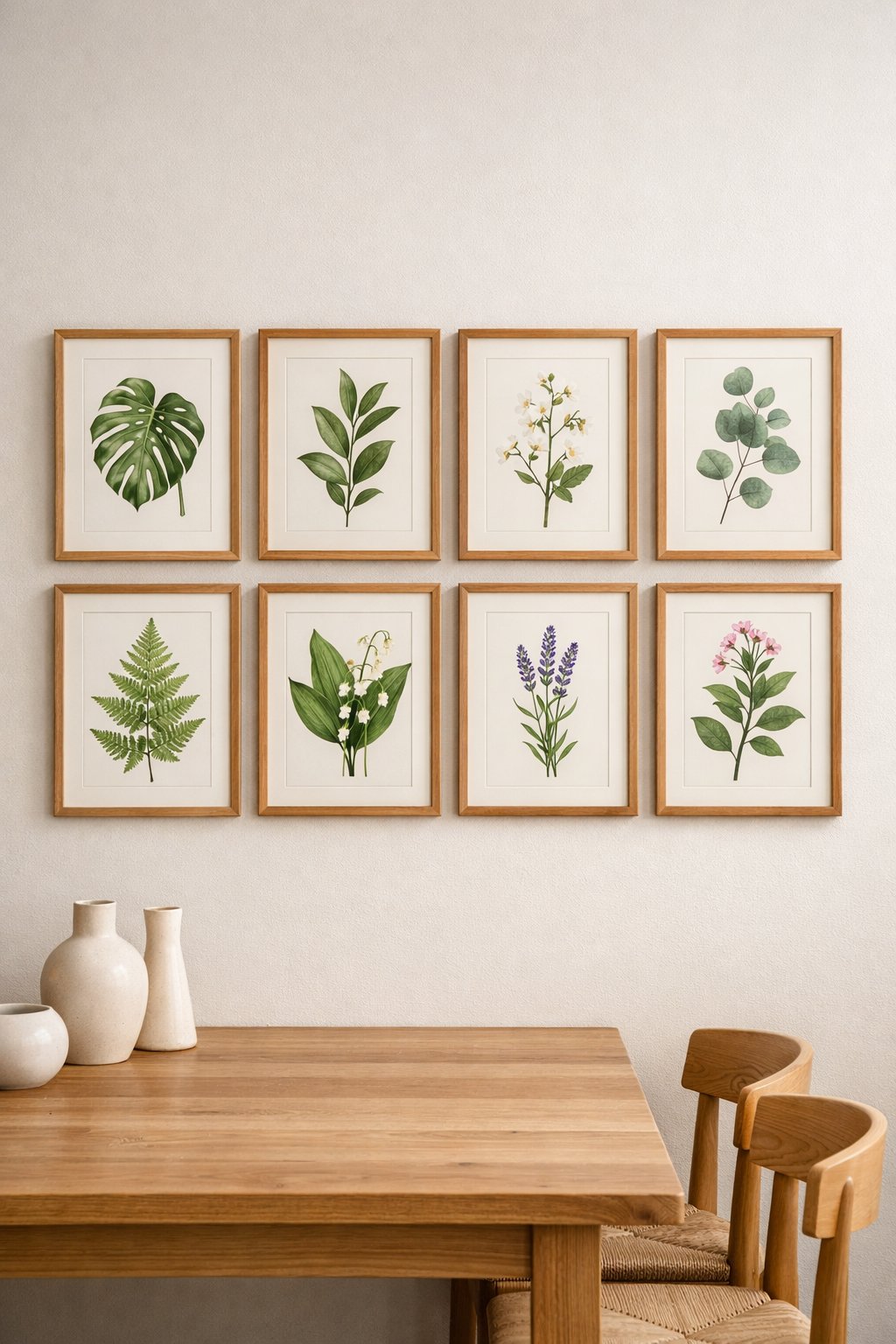 A dining room wall displaying eight wooden-framed botanical prints arranged in a grid.