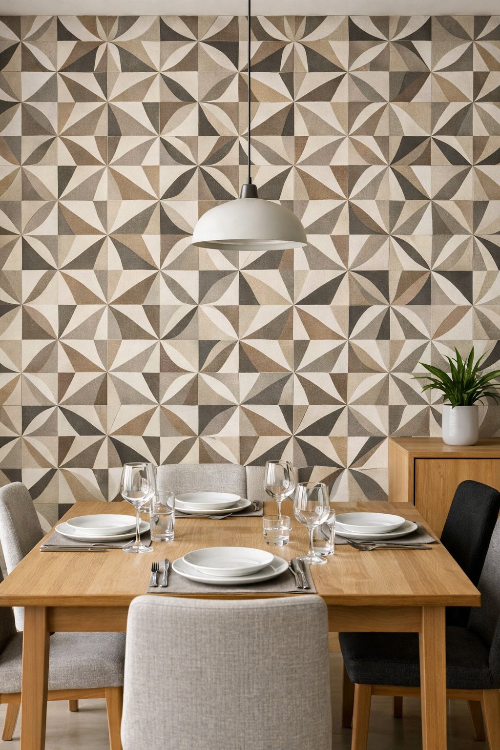 Dining room with a wooden table set for four and geometric patterned wallpaper on the wall.