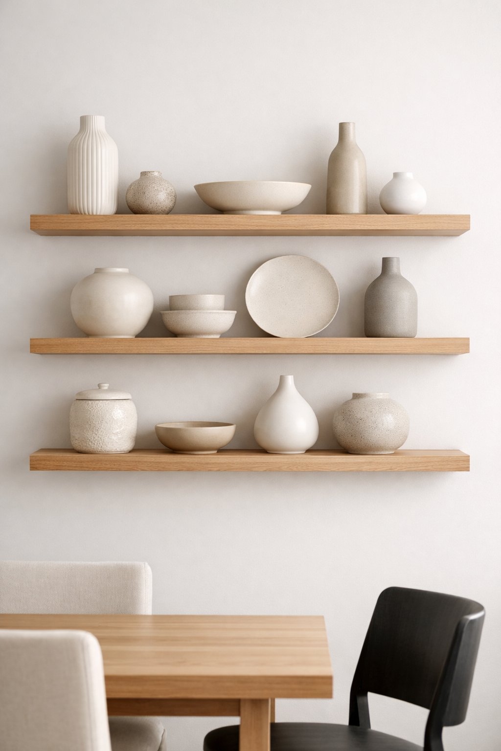 Floating wooden shelves on a white wall displaying various ceramic vases and bowls above a dining table.