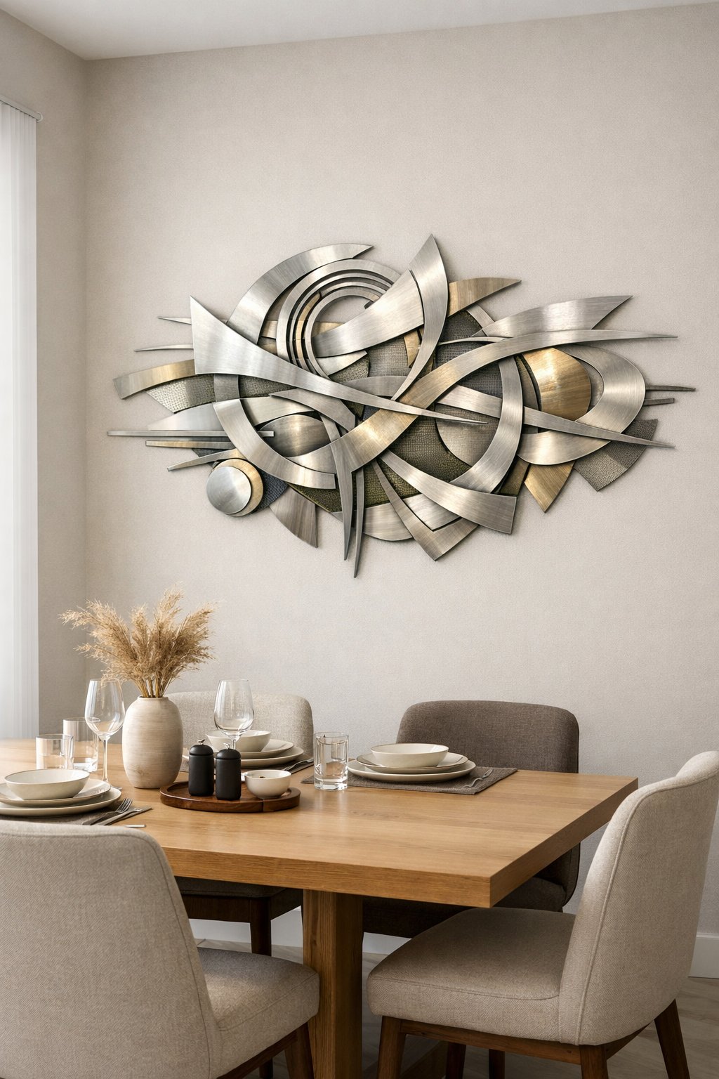 Dining room with a metal wall sculpture above a wooden table and chairs.