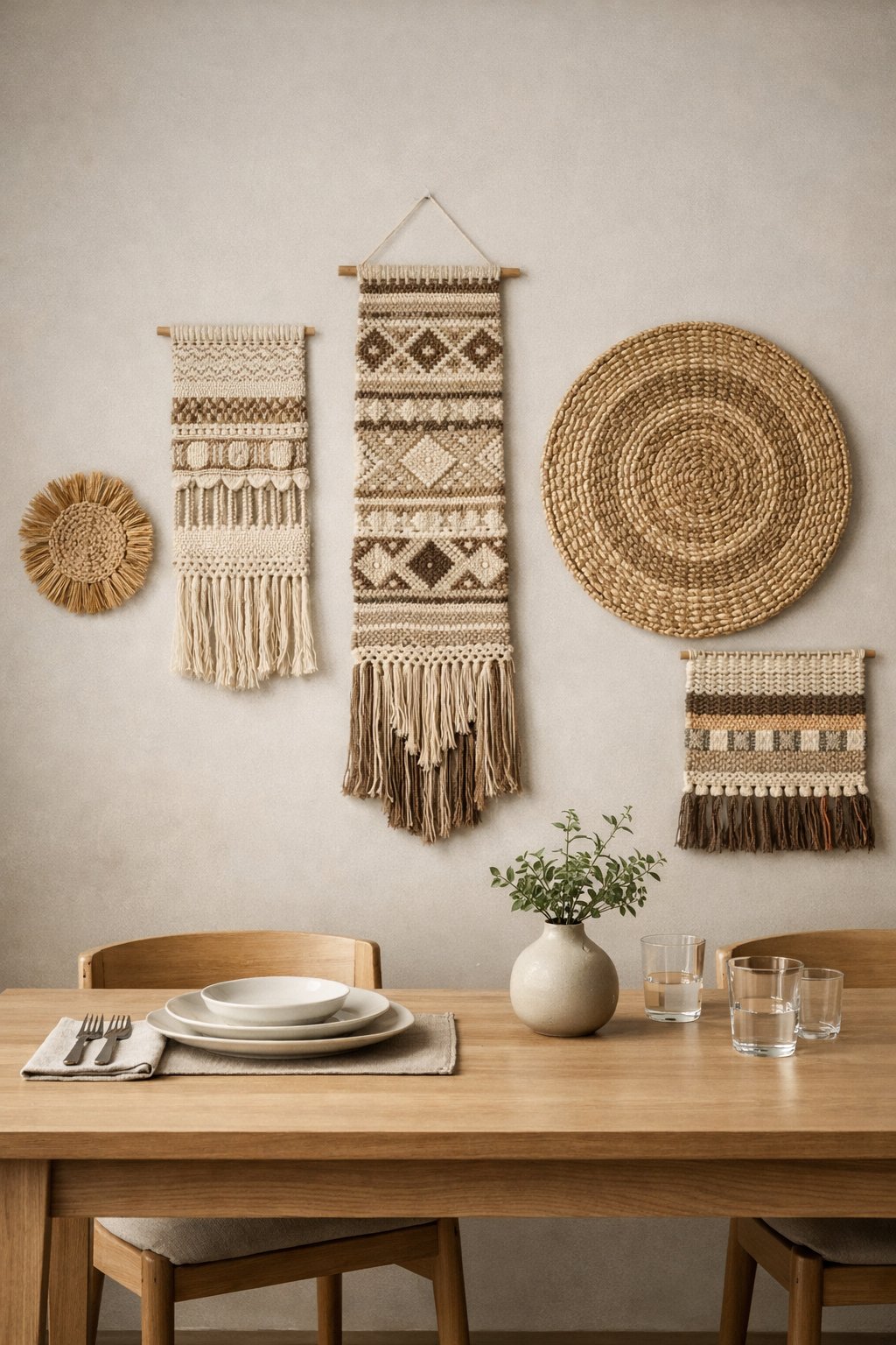 A dining room with a table and woven textile wall hangings on the wall behind it.