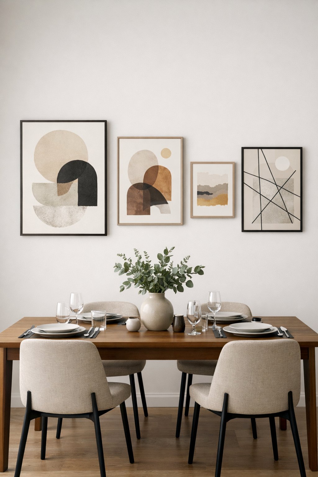 Dining room with a wooden table and framed abstract art pieces on the wall above it.