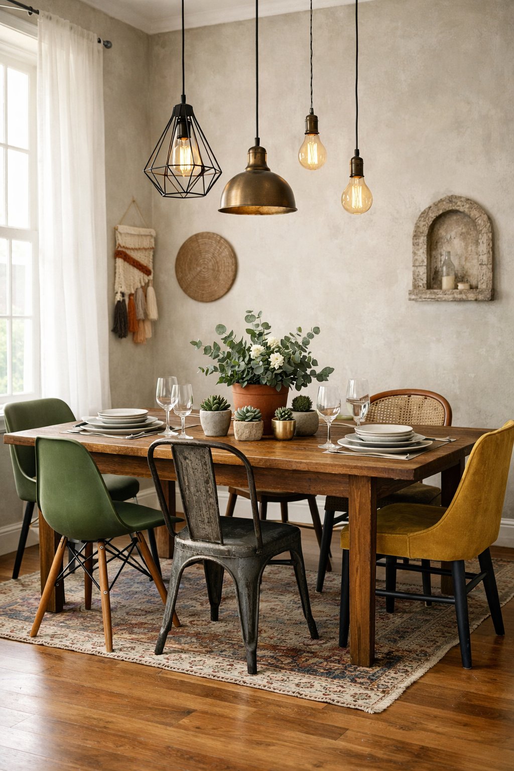 A spacious dining room with a large wooden table surrounded by mismatched chairs, natural light from large windows, and a simple table setting with plants as a centerpiece.