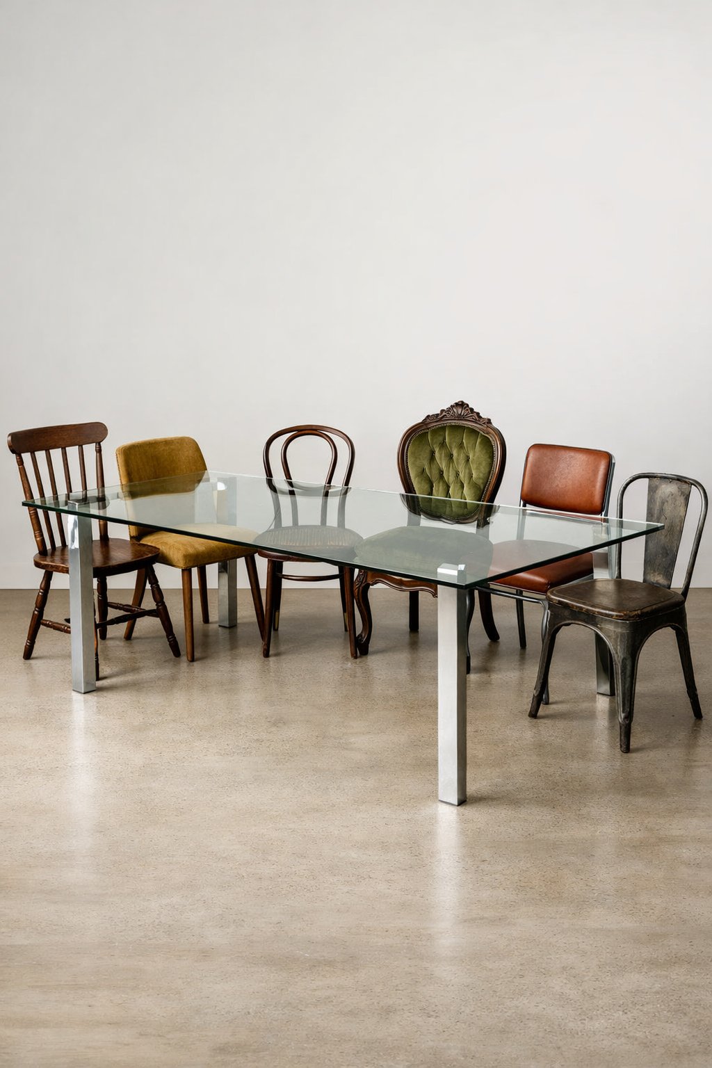 Dining room with a glass table surrounded by a variety of vintage chairs.