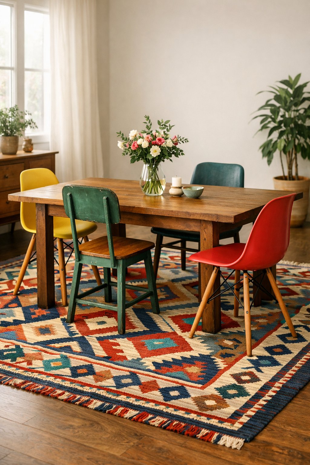 Dining room with a wooden table, mismatched chairs, and a bold patterned rug on the floor beneath the table.