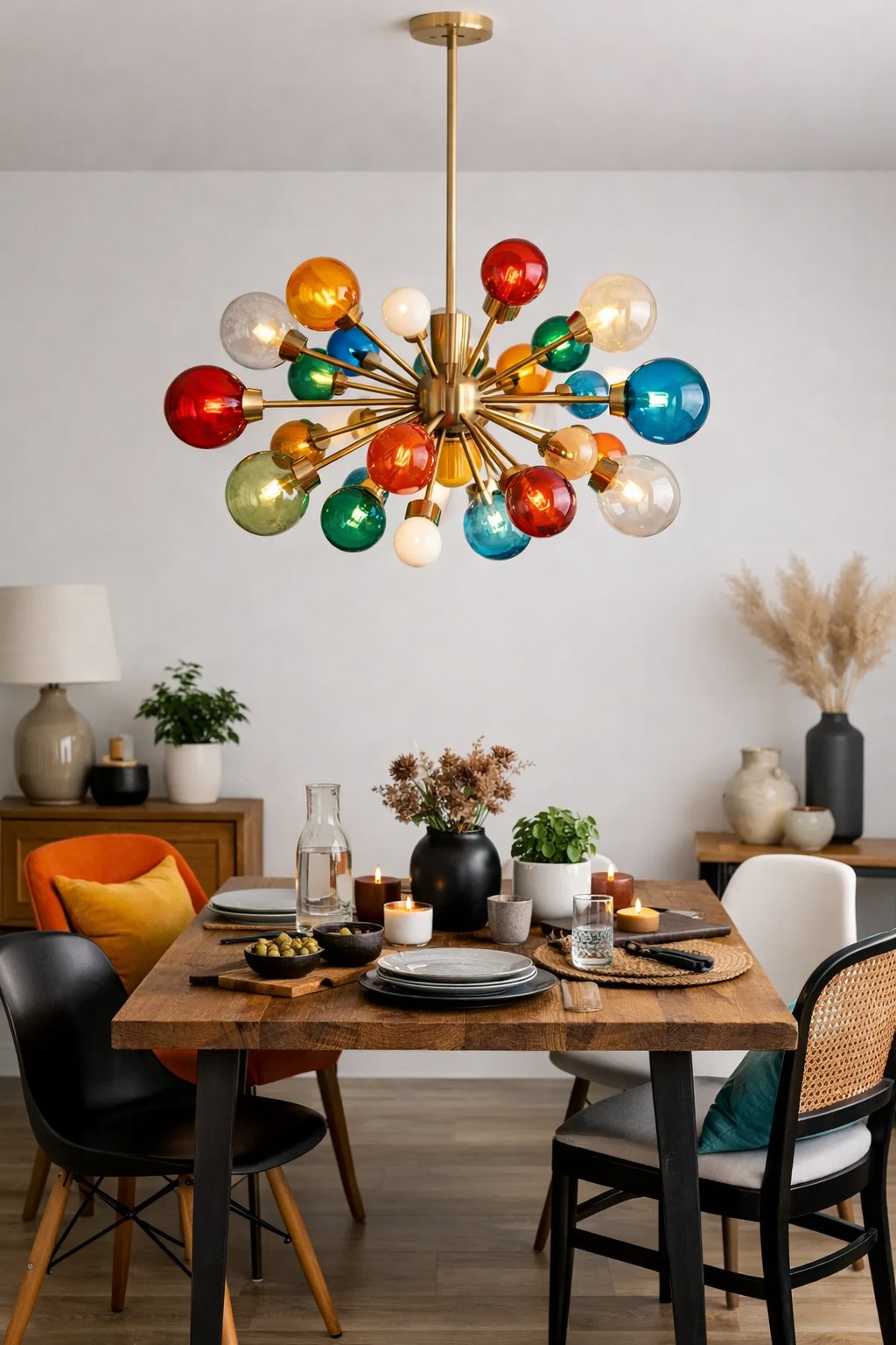A dining room with a colorful chandelier above a wooden table surrounded by mixed-style chairs and decorative accents.
