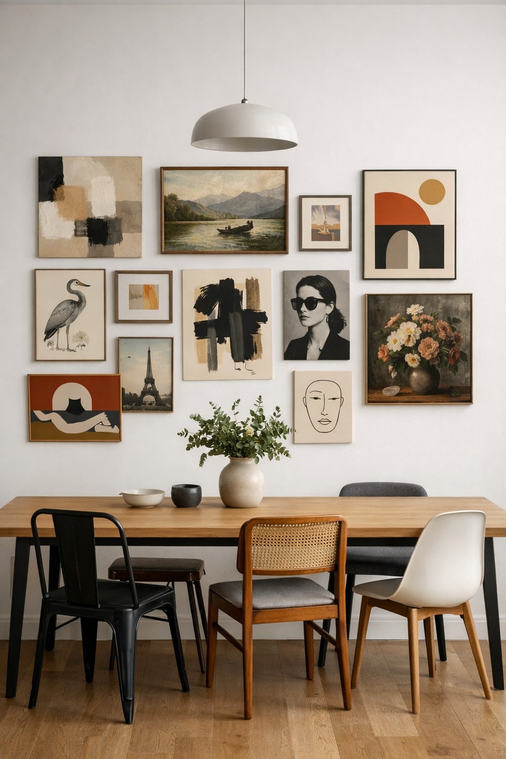 A dining room with a gallery wall showing a variety of framed artwork above a wooden table surrounded by different chairs.