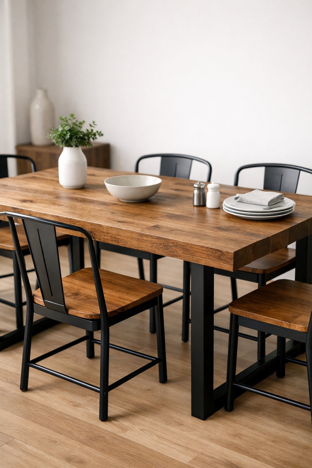 Dining room with a wooden table and metal-framed chairs, set with simple tableware and a small plant.
