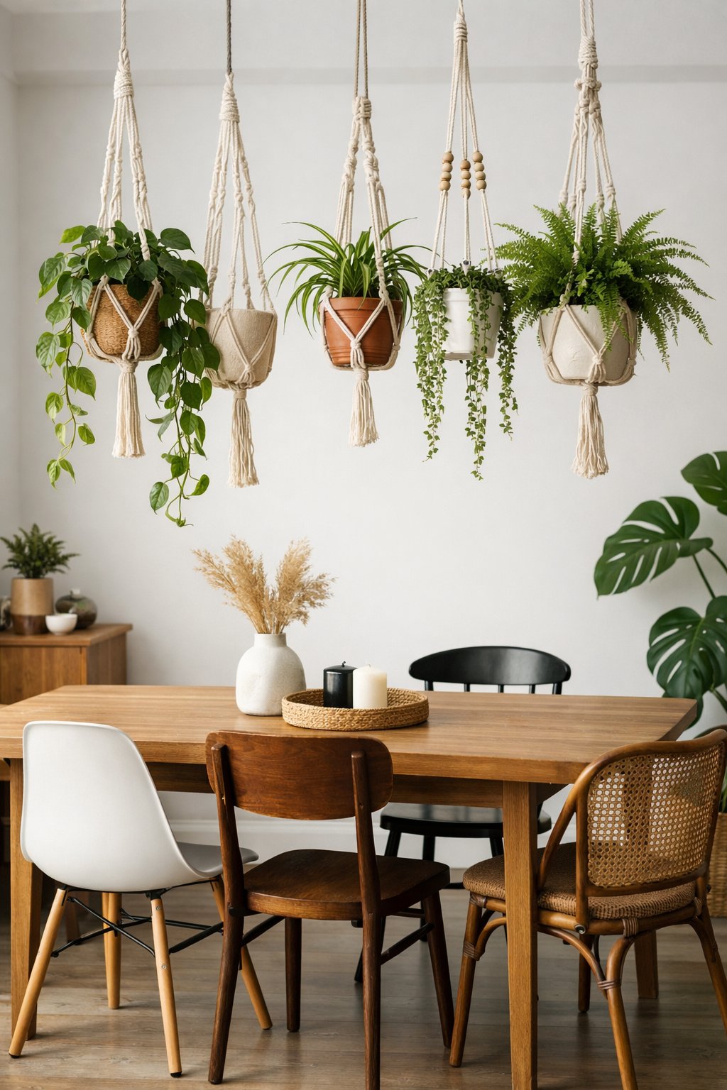 Dining room with a wooden table, mismatched chairs, and hanging plants in macrame holders above the table.