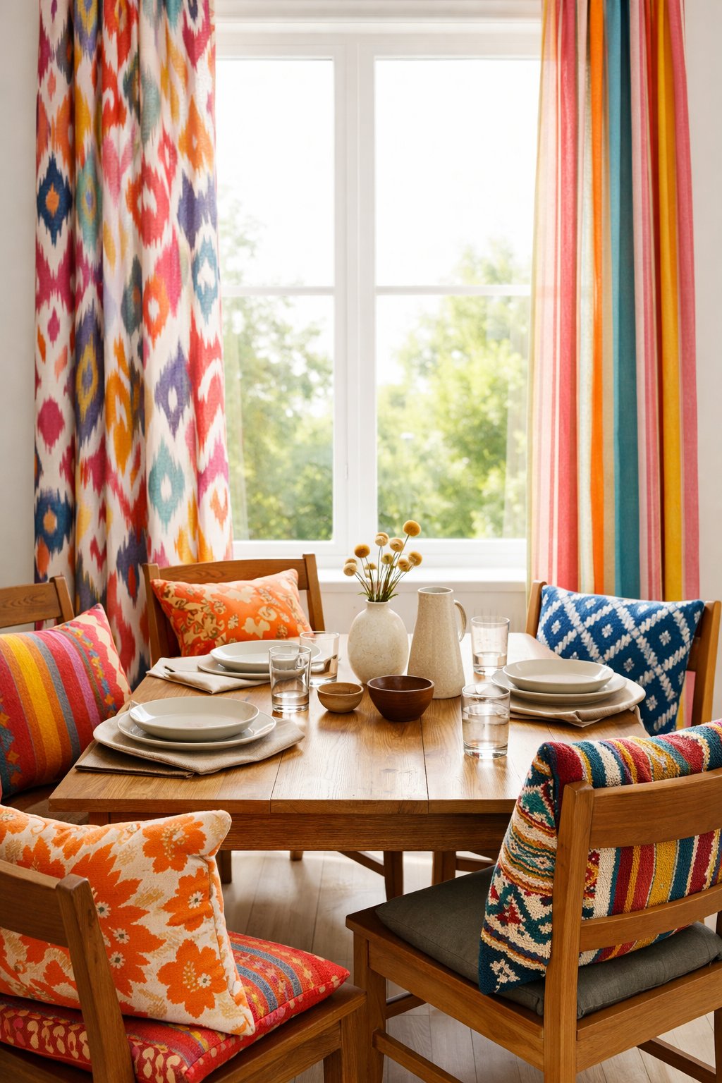 Dining room with colorful cushions on chairs and bright curtains by a window, featuring a wooden table set with neutral tableware.