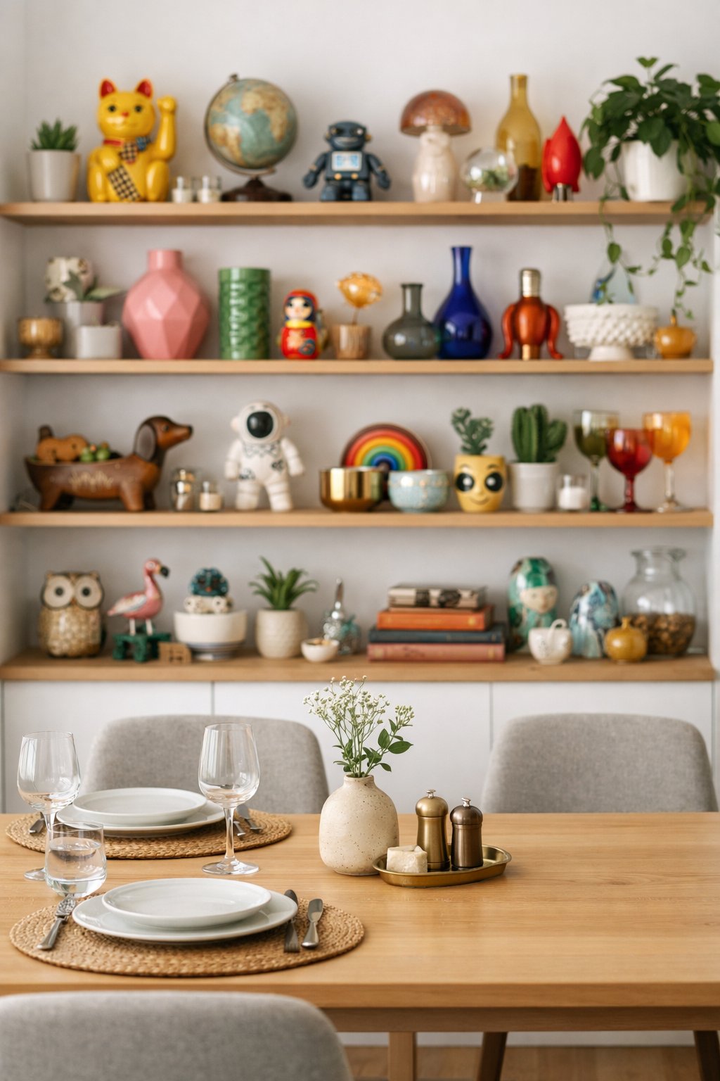 A dining room with open shelves displaying an eclectic collection of ceramics, glassware, and plants above a simple dining table.