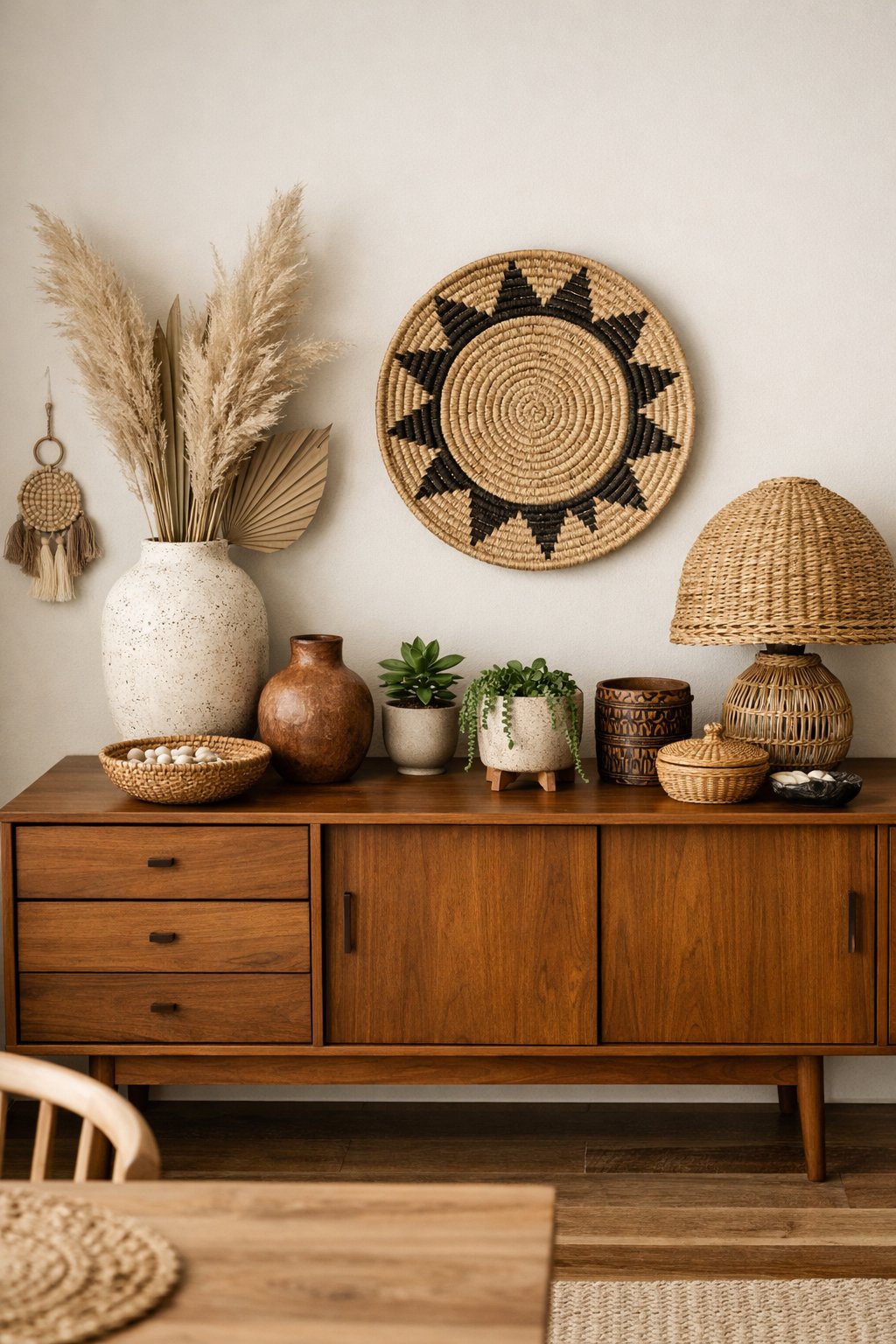 A dining room with a wooden sideboard decorated with vases, baskets, and plants against a plain wall.