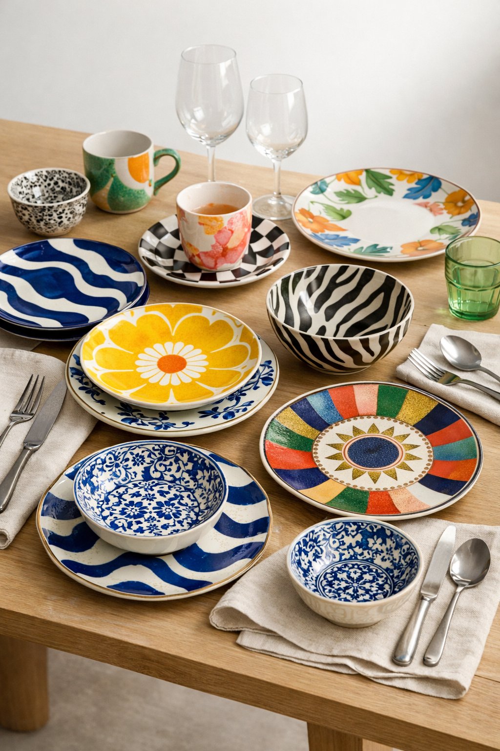 Dining table set with a variety of colorful patterned plates, bowls, and cups arranged neatly with napkins and cutlery.