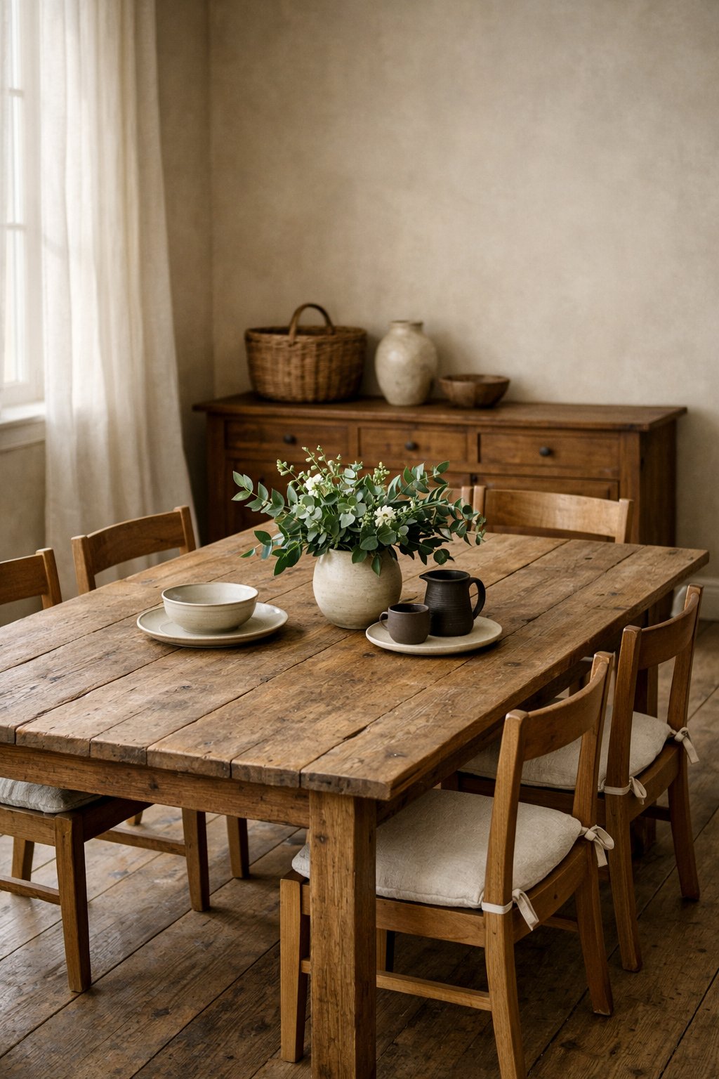 A dining room with a wooden table, chairs, large windows, and a sideboard with decorative items.