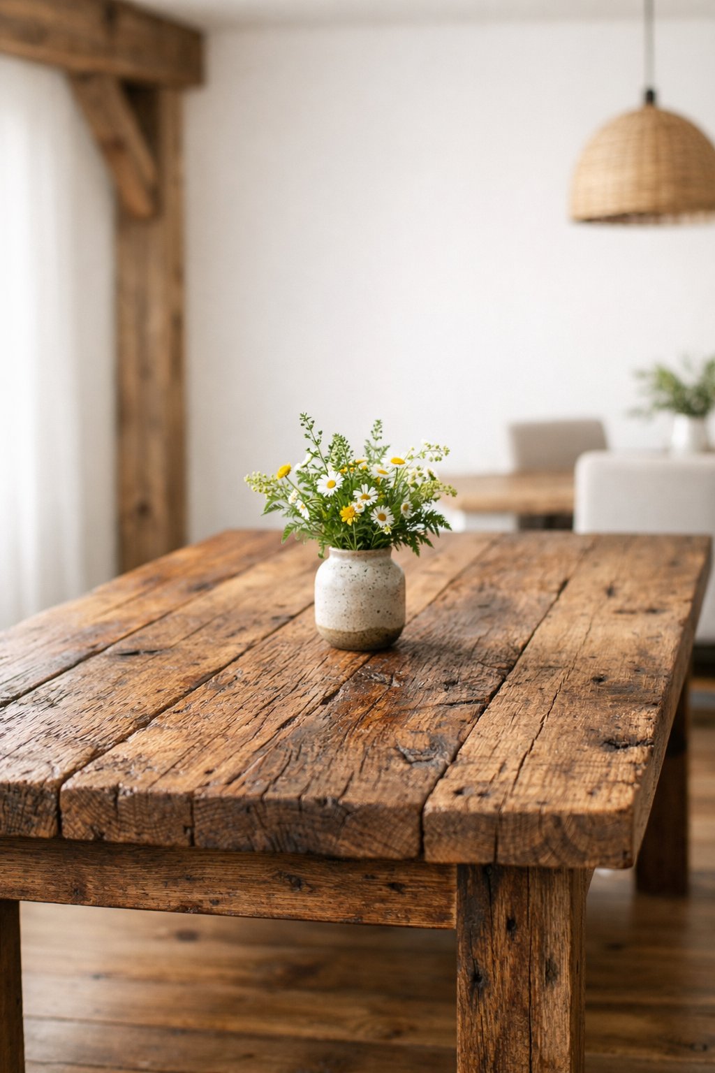 A reclaimed wood dining table with a small vase of flowers in a bright dining room.