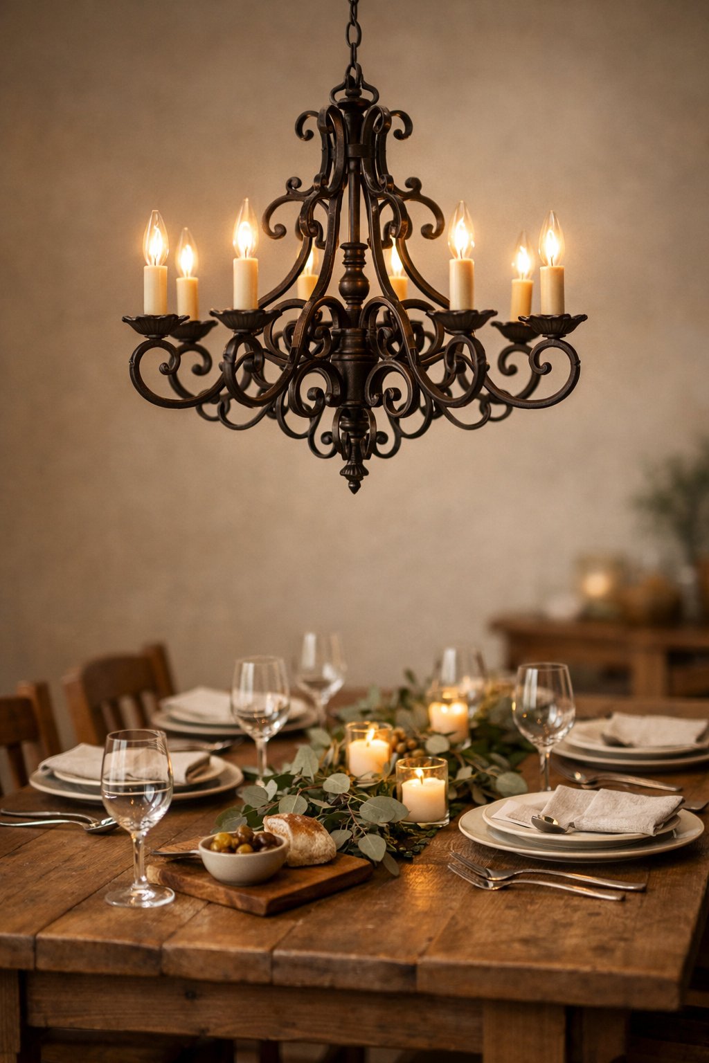 A vintage wrought iron chandelier hanging above a wooden dining table set for a meal in a cozy dining room.