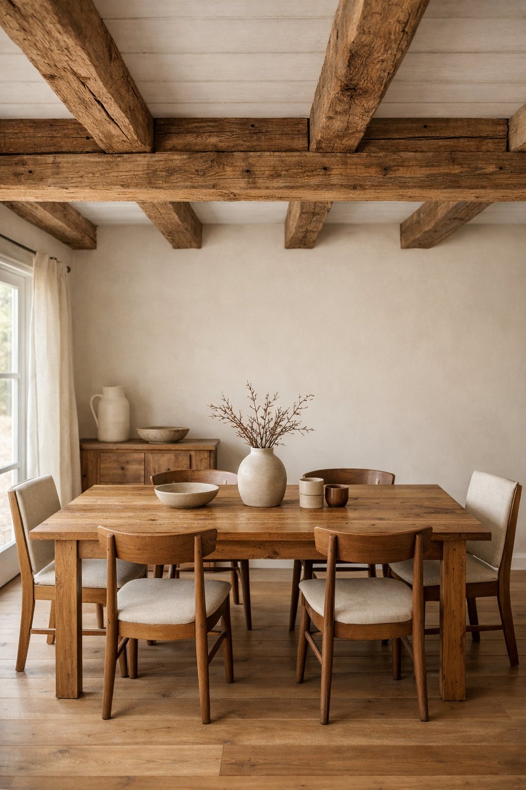 Dining room with exposed wooden ceiling beams and a wooden dining table with chairs, lit by natural light from large windows.