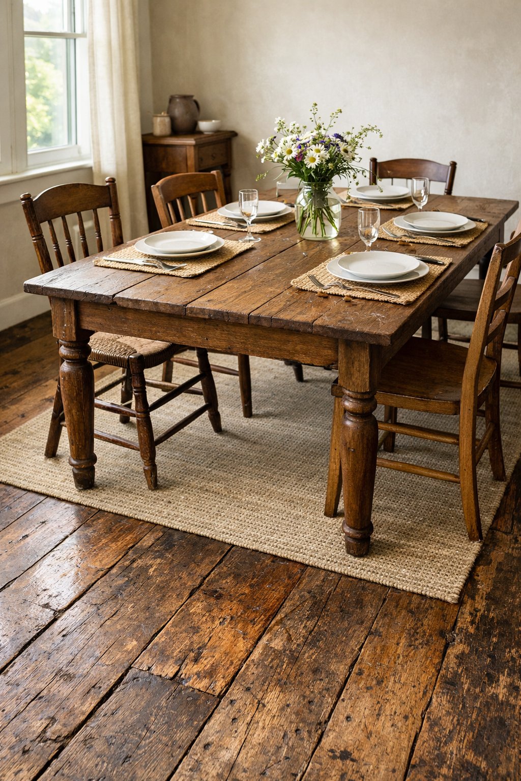 Dining room with a wooden table, chairs, and distressed hardwood floors illuminated by natural light.