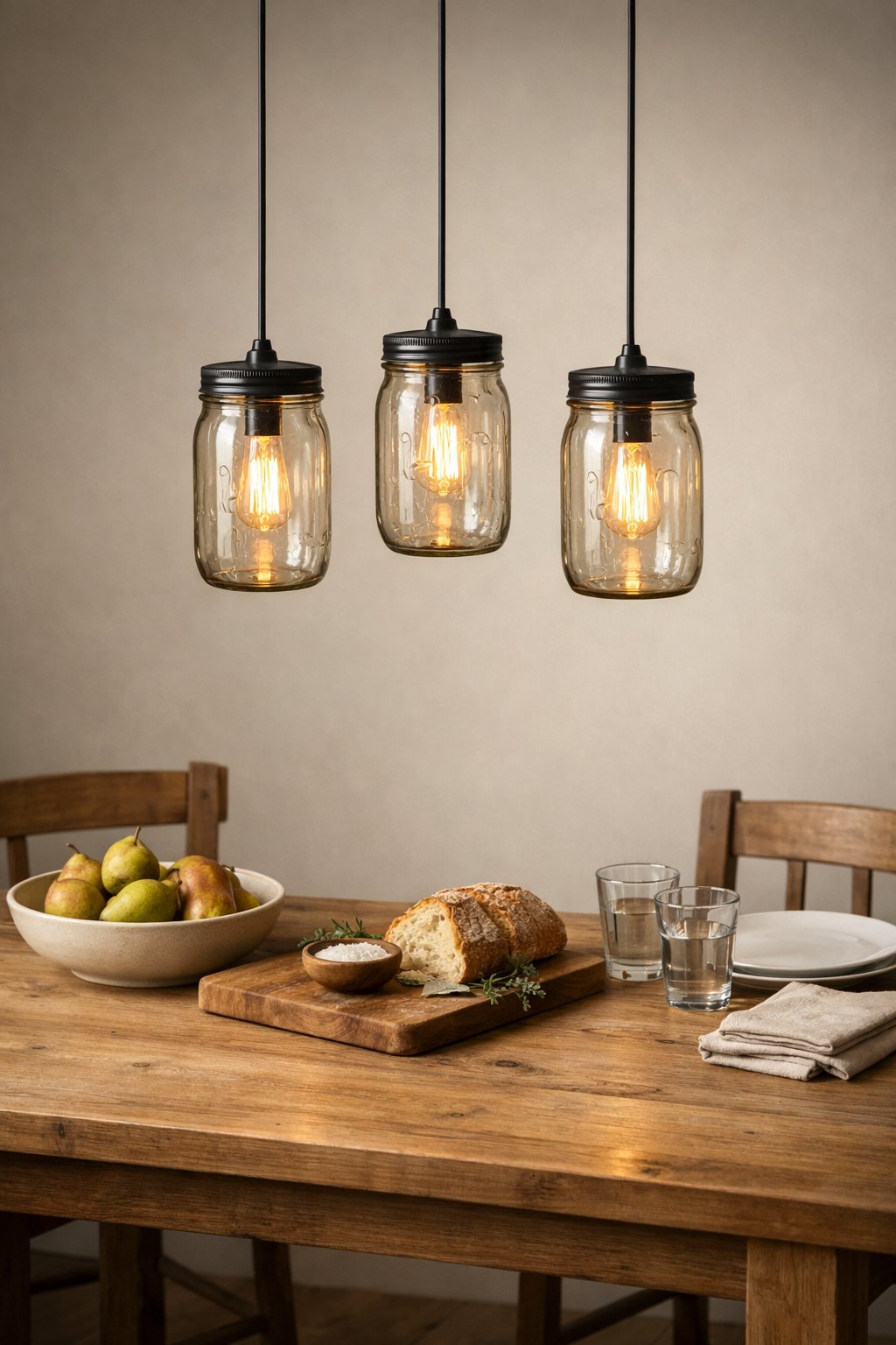 Mason jar pendant lights hanging over a wooden dining table in a dining room.