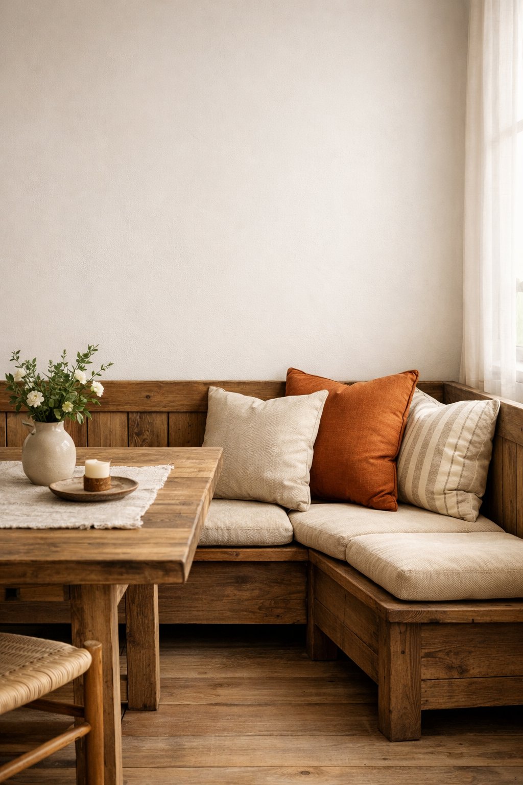 A dining room with a wooden bench and table, softly lit by natural light.