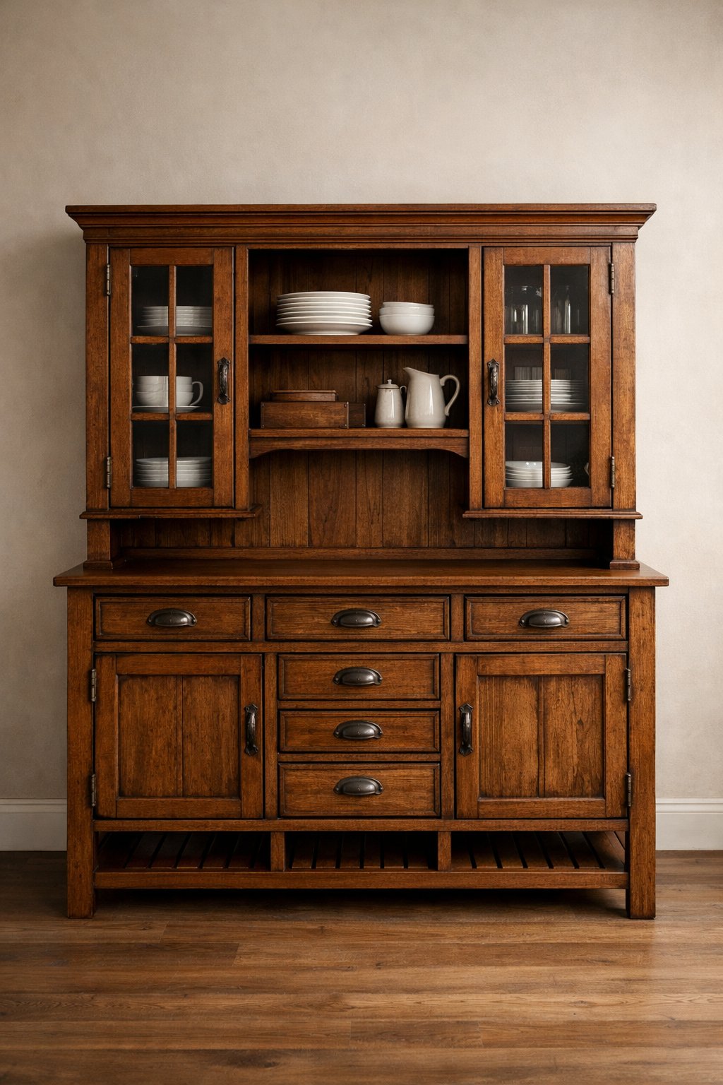 An antique wooden cabinet with vintage metal handles standing alone against a plain background.