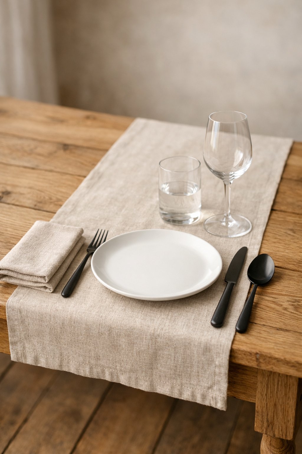Wooden dining table set with natural linen table runner and folded napkins, white plates, black cutlery, and clear glassware.
