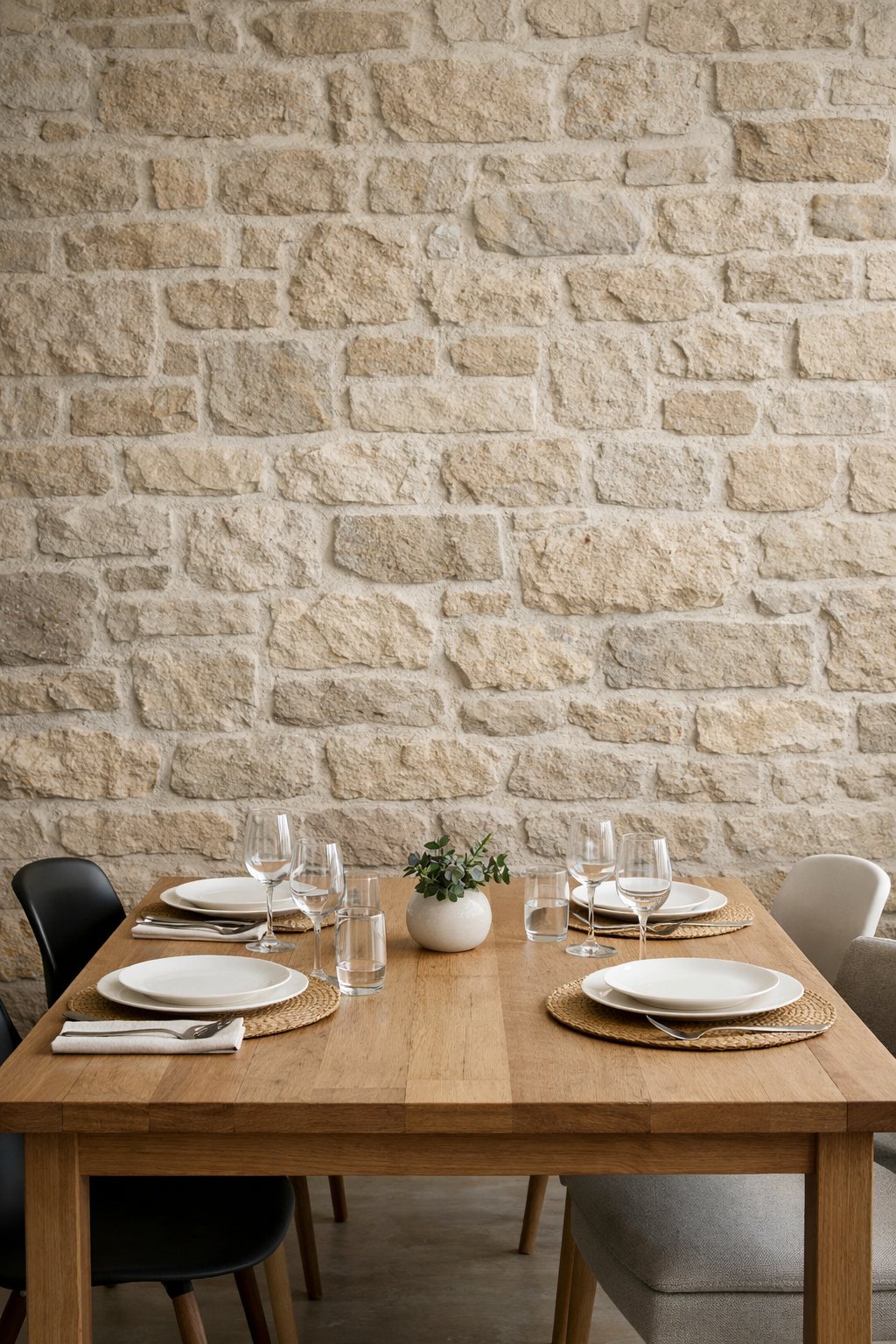 Dining area with a wooden table and chairs in front of a stone or brick accent wall.