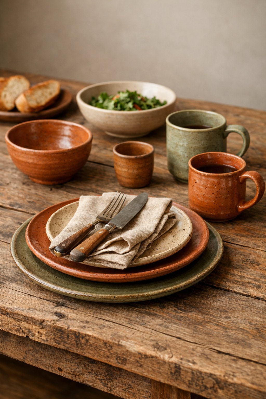 A rustic wooden dining table set with handcrafted pottery dishes including plates, bowls, and mugs in earthy colors.