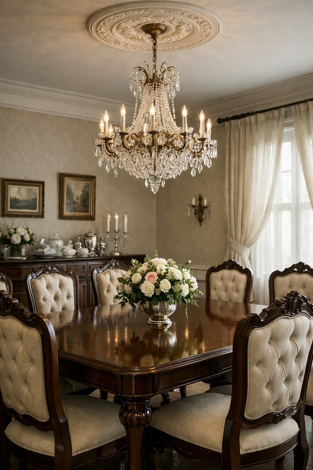 A dining room with a large wooden table, upholstered chairs, a crystal chandelier, framed artwork on the walls, and a vase of flowers on the table.