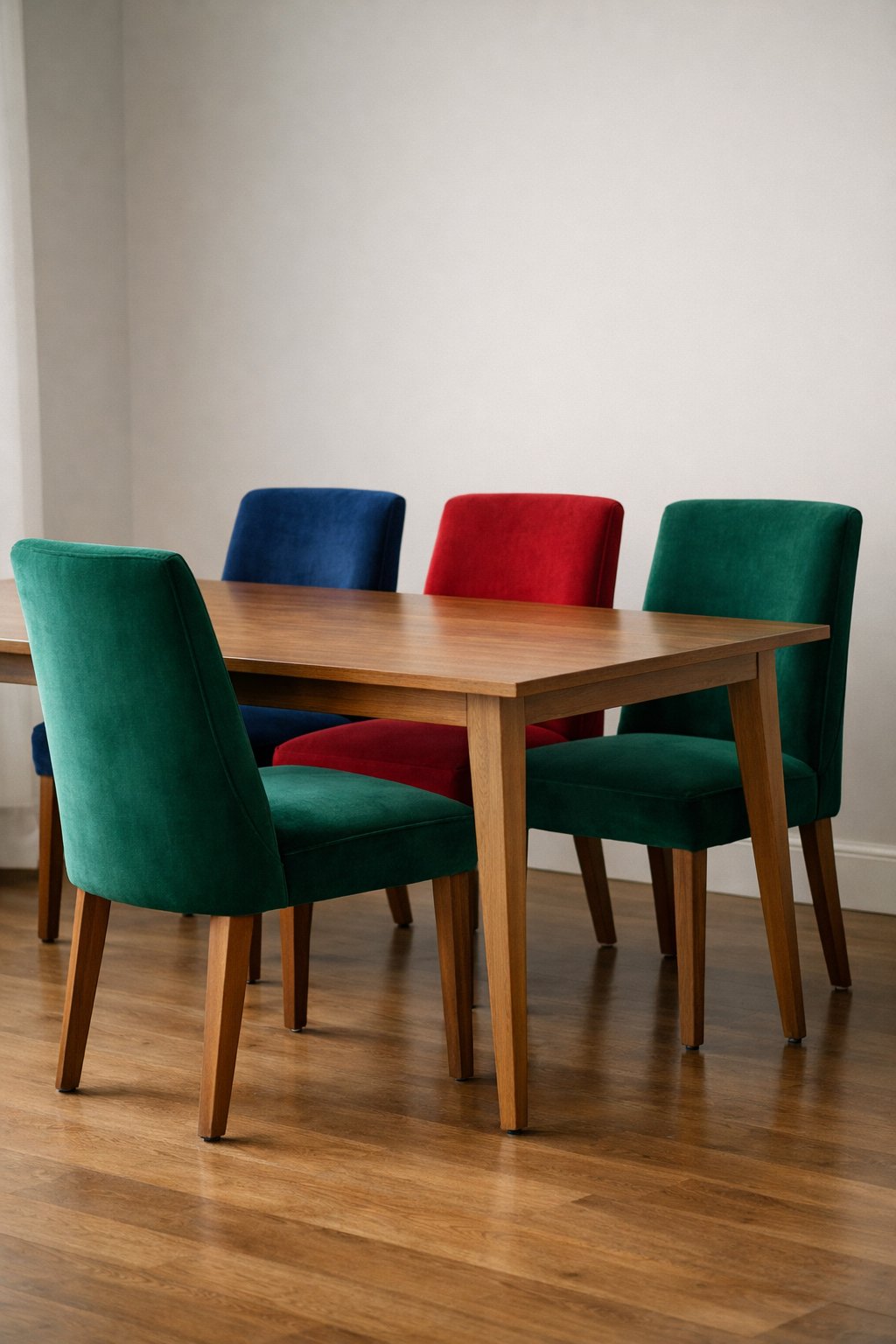 A dining table surrounded by velvet upholstered chairs in deep green, blue, and red colors in a softly lit room.