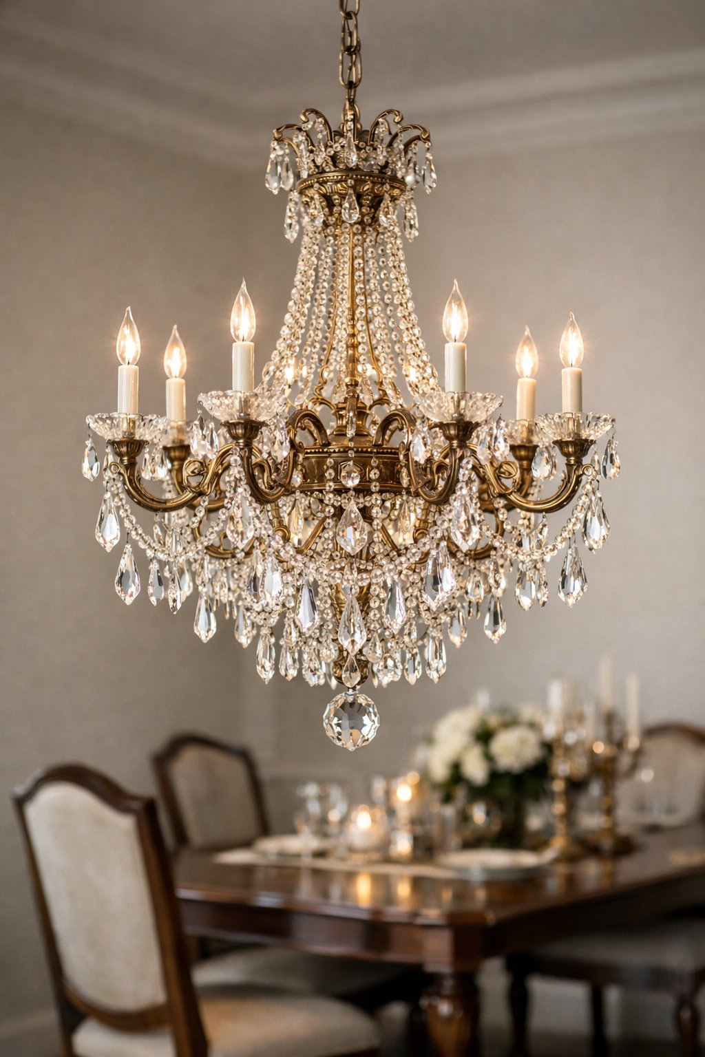 A crystal chandelier with intricate detailing hanging above a dining table in a room.