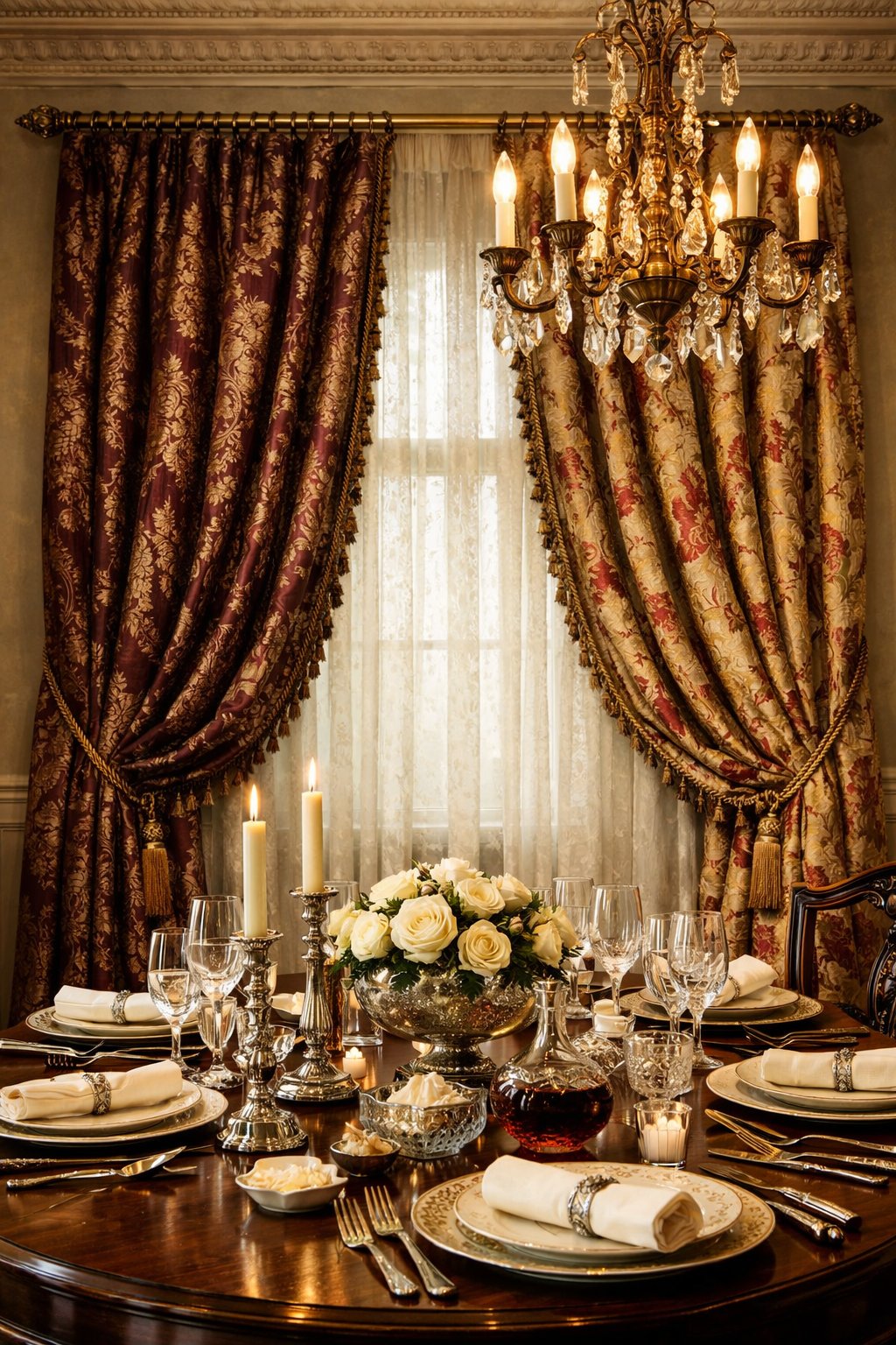 A dining room with a set table and heavy patterned drapes hanging by a window.