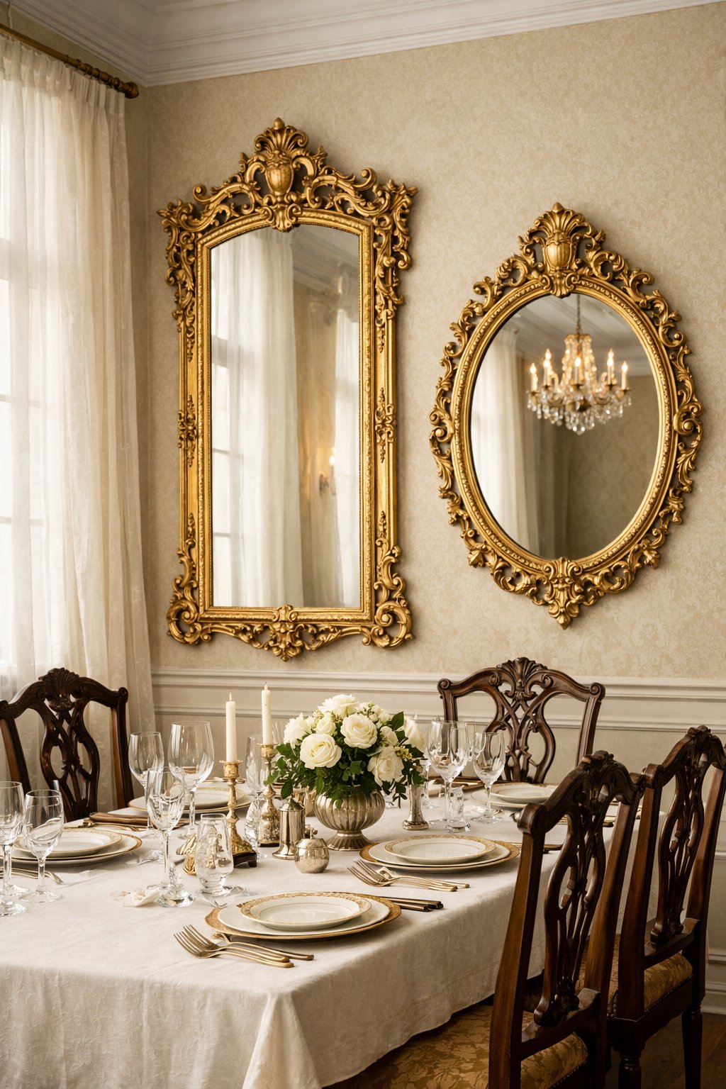 A Victorian dining room with ornate gilded mirrors on the walls and a set dining table with chairs.
