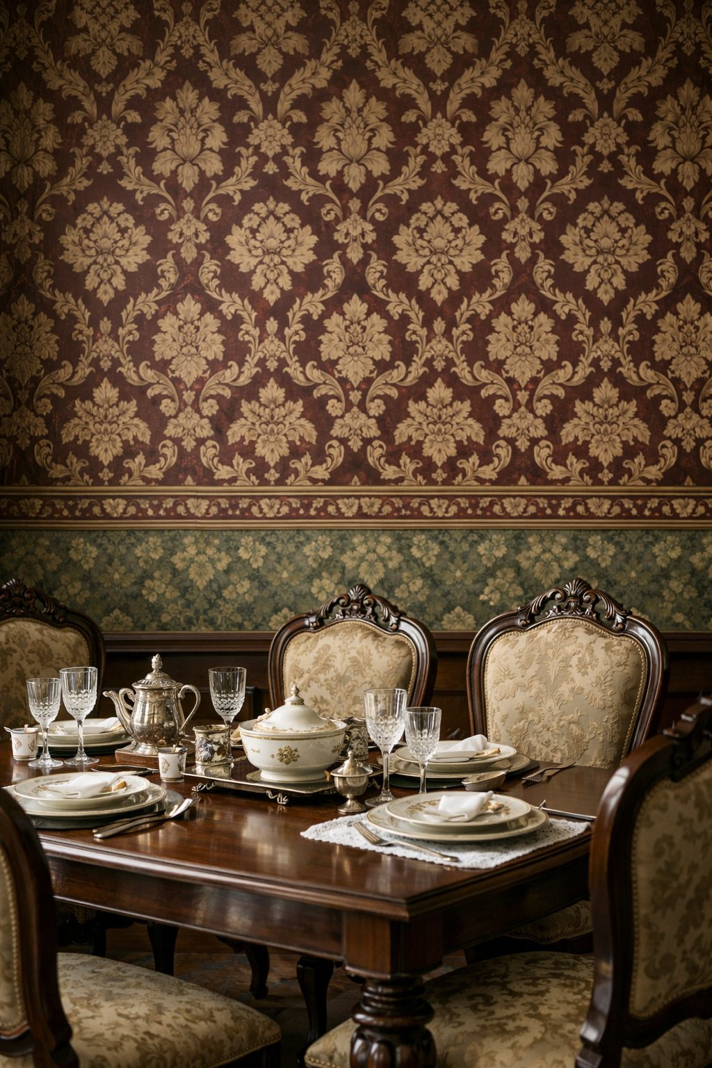 A dining room with a wooden table, upholstered chairs, and patterned wallpaper.