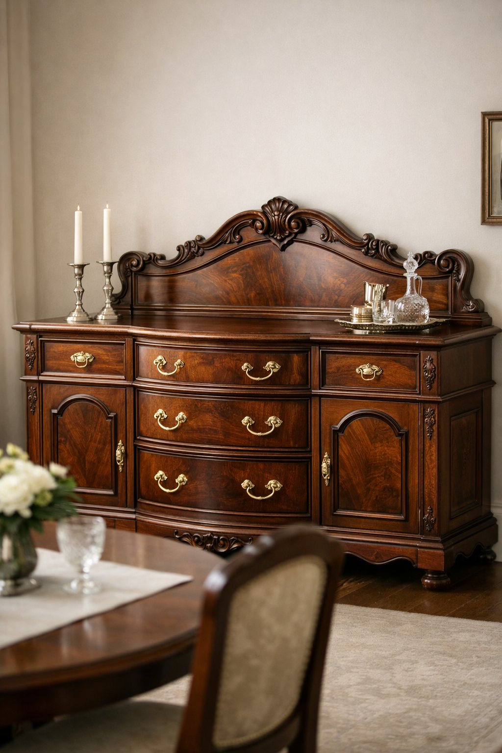 An antique wooden sideboard with brass handles in a dining room.