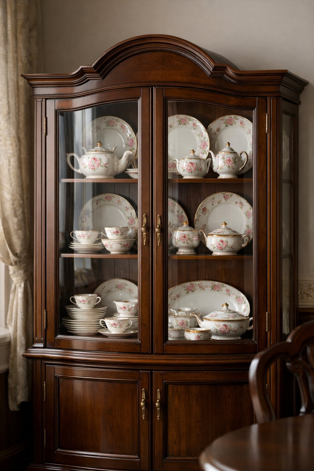 A vintage porcelain dinnerware display cabinet filled with elegant plates and teacups in a dining room.