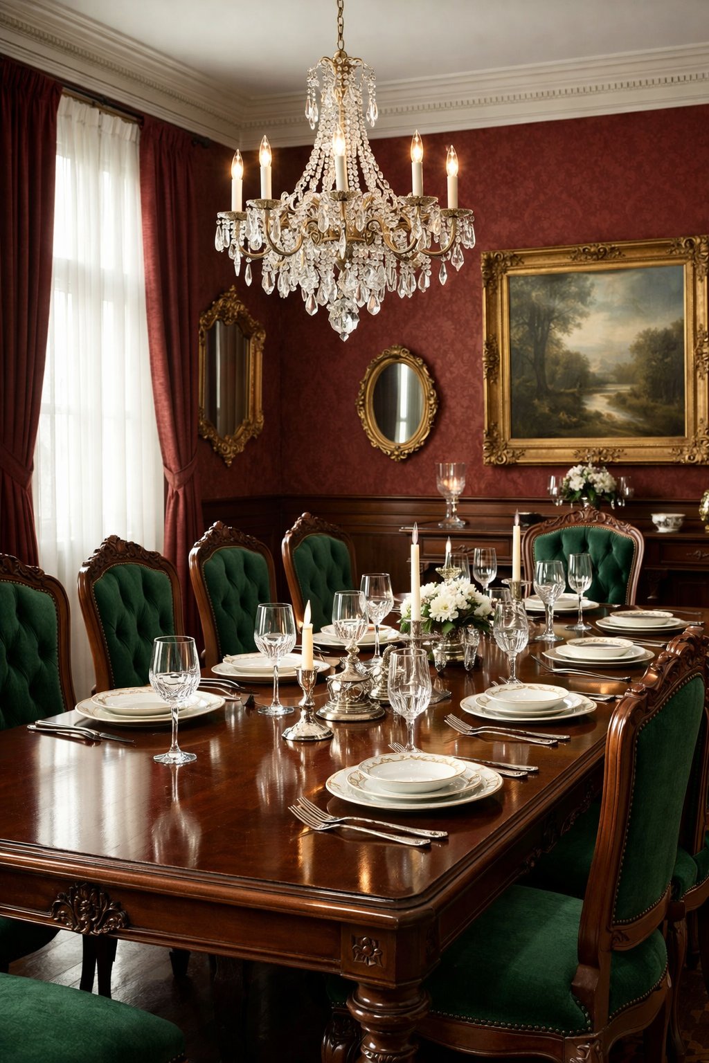 A Victorian dining room with a wooden table, emerald green upholstered chairs, deep red wall accents, a crystal chandelier, and natural light from tall windows.