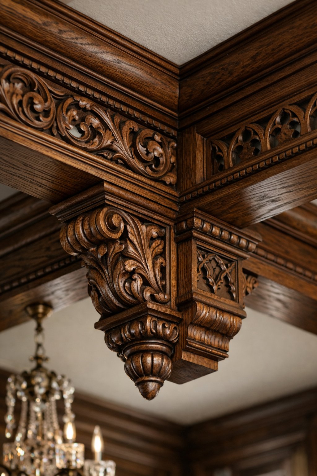 Close-up view of intricately carved wooden ceiling beams in a dining room.
