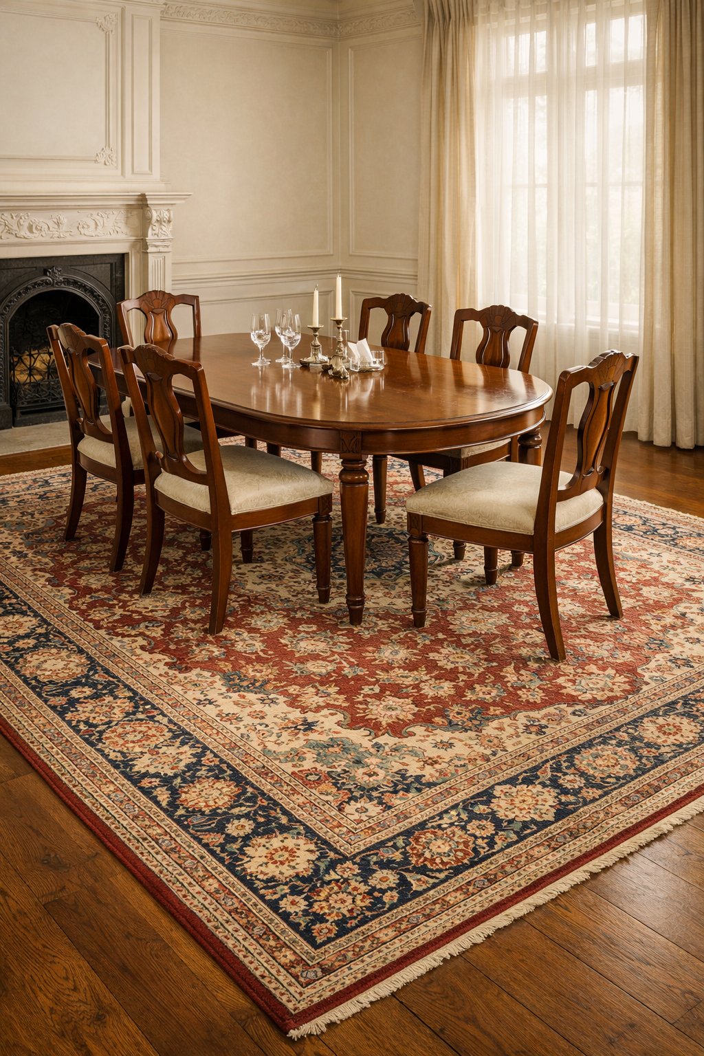 A Victorian dining room with a wooden table and chairs arranged on a large patterned area rug, illuminated by natural light from tall windows.