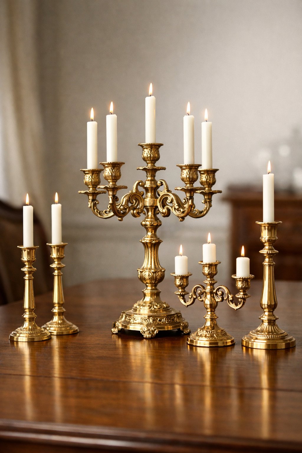 A wooden dining table with polished brass candle holders and candelabras arranged as a centerpiece.