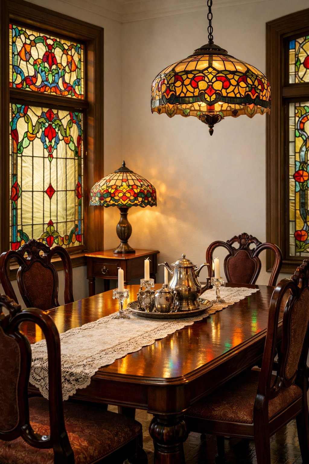Victorian dining room with stained glass windows and lamps casting colorful light on a wooden dining table and chairs.
