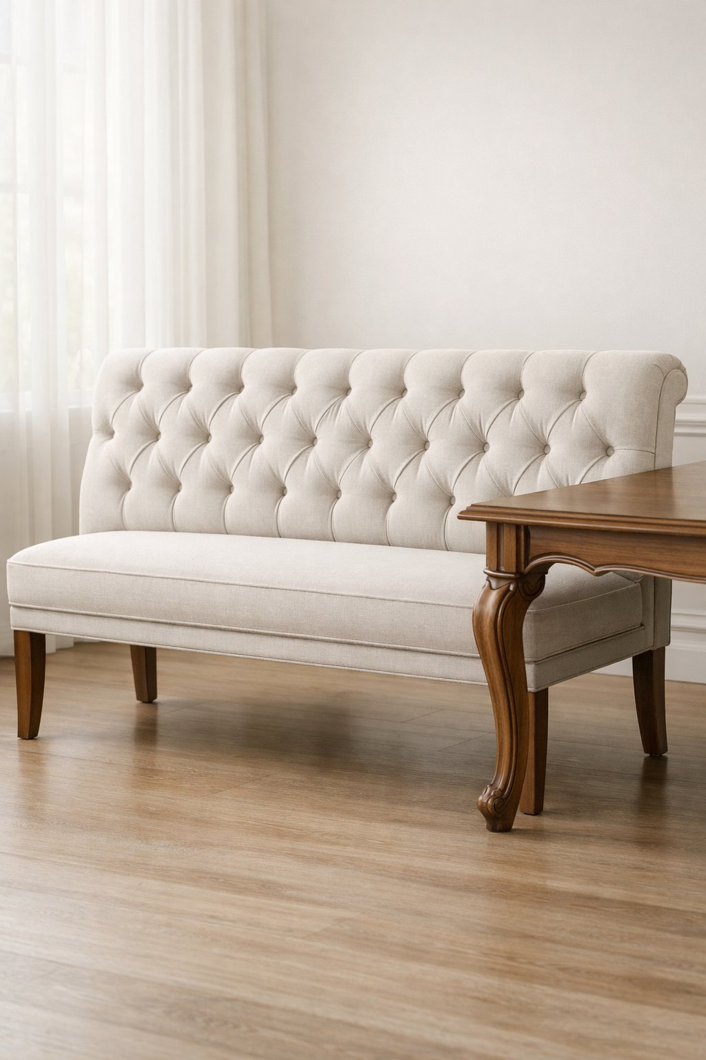 Tufted dining bench with button details next to a wooden dining table in a softly lit dining room.