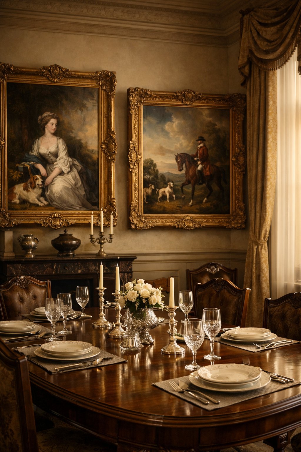 A Victorian dining room with a wooden table set for a meal and large framed oil paintings hanging on the walls.