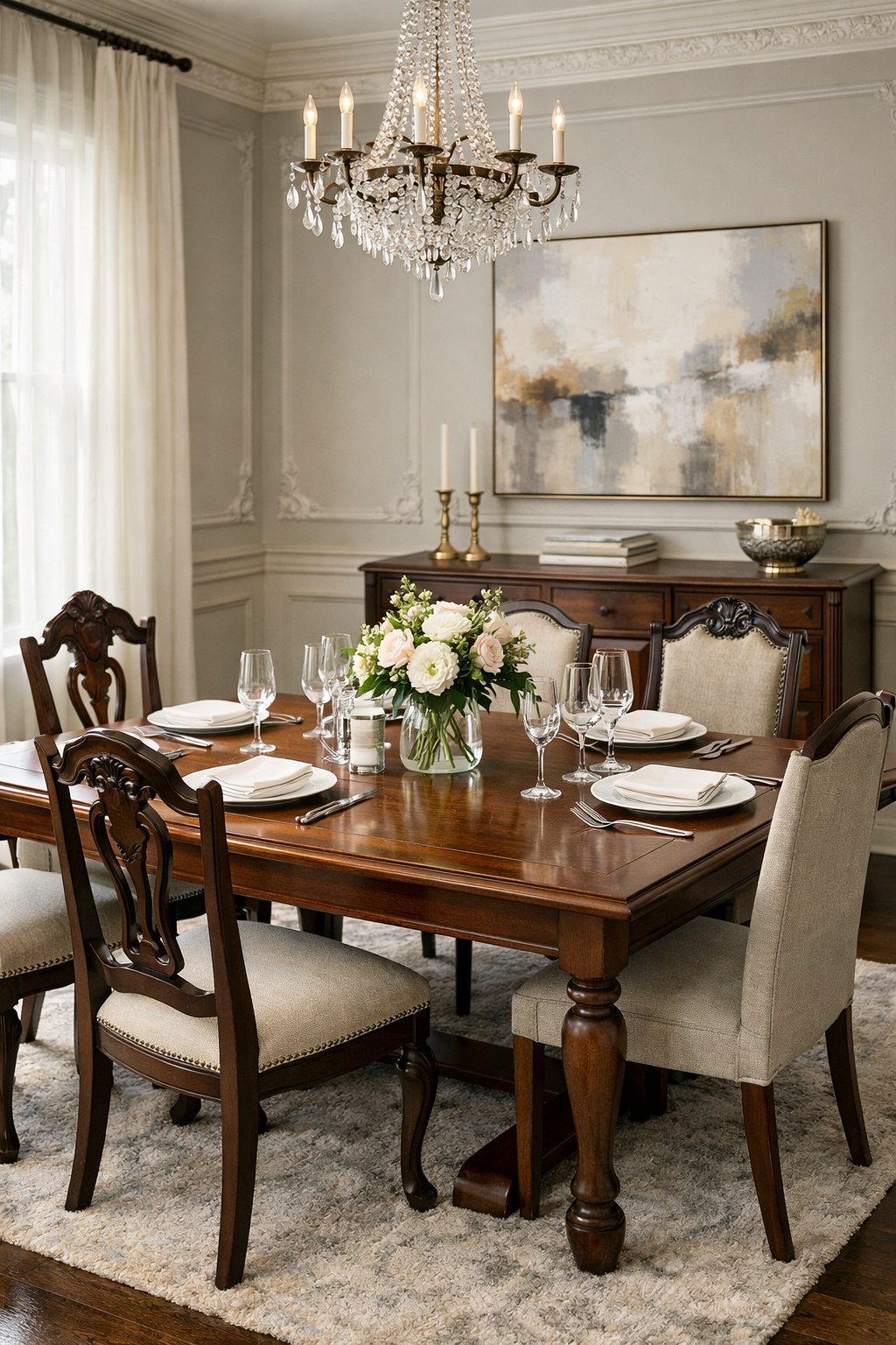 A dining room with a wooden table surrounded by a mix of ornate and modern chairs, natural light coming through a large window, and a small flower centerpiece on the table.